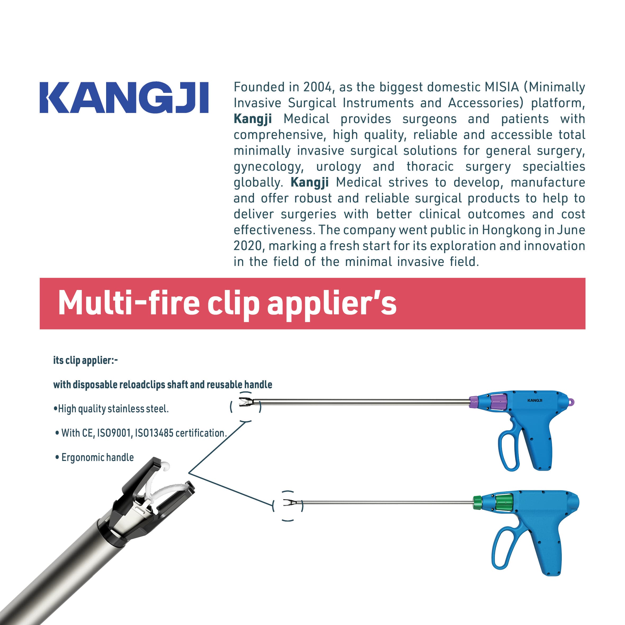 Multi-fire clip applier’s catalogue profile from Kangji Medical.